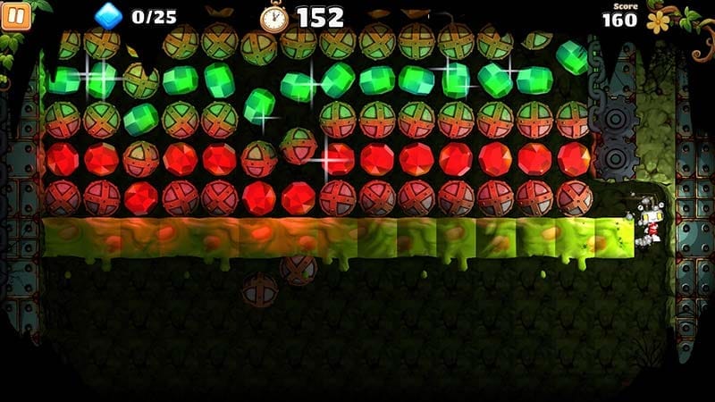 Grid-based movement and mining mechanics in Boulder Dash 40th Anniversary.