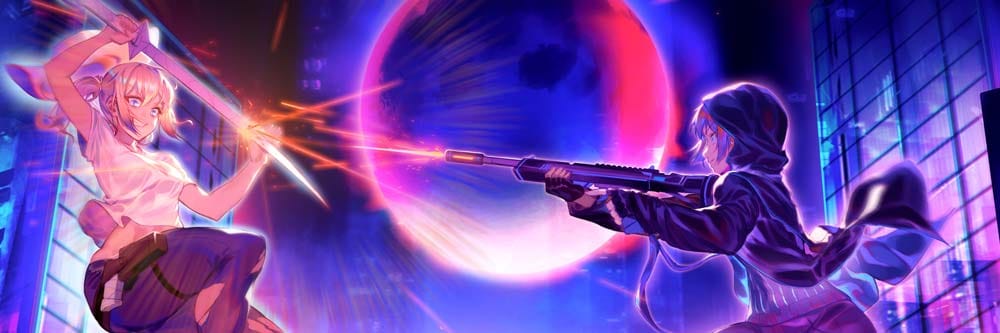Wide cinematic view of abstract bullet grid battlefield with multiple heroines