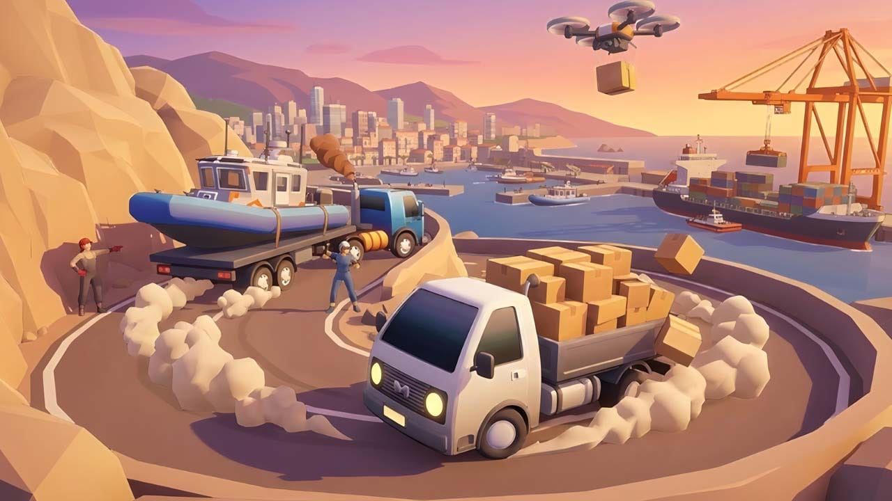 Open city environment with delivery trucks and urban roads