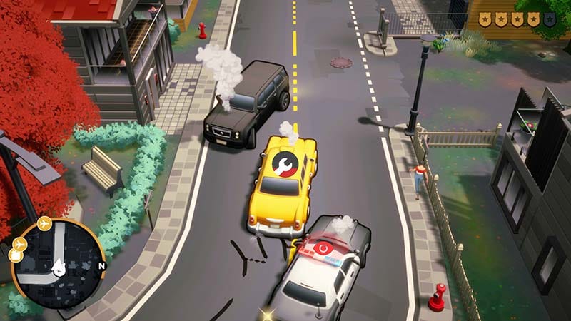 Gameplay scene showing a delivery truck driving through an urban environment
