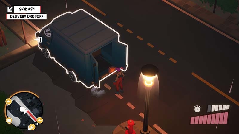 Gameplay view showing a truck navigating city streets during a delivery