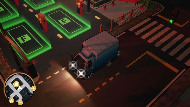 Gameplay view showing a delivery truck and city structures