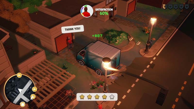 Gameplay scene featuring trucks navigating a busy urban delivery route