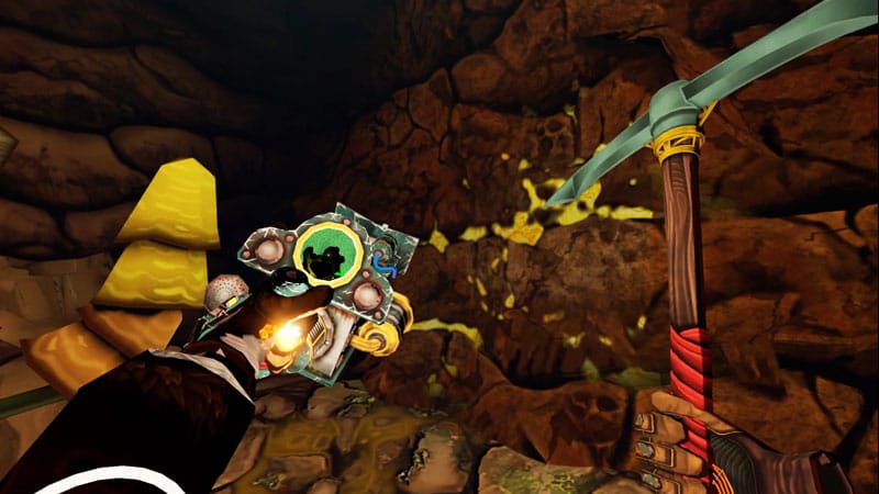 Player examining a cave passage while searching for valuable resources