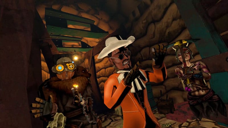 Gameplay scene showing combat against threats in a mining expedition