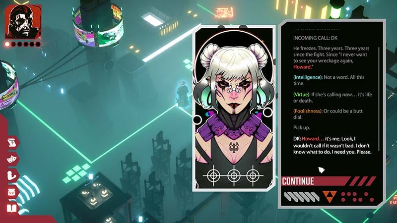 Wide gameplay view showing a neon city area with exploration and investigation elements