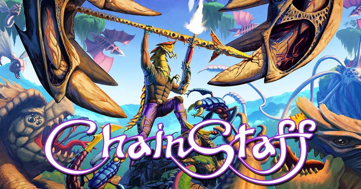 ChainStaff key art featuring the transforming spear weapon in a stylized sci-fi setting