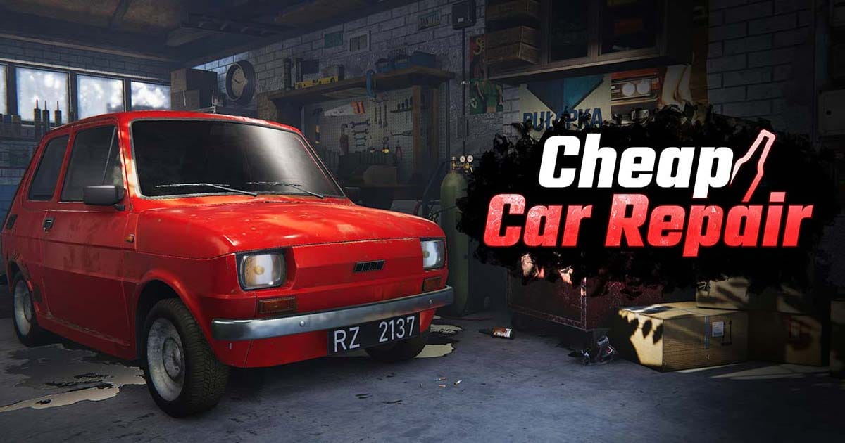 Promotional artwork showing a mechanic working on a rusted car inside a cluttered garage