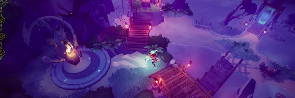 Wide view of ruined village, dungeon entrance, and glowing clock