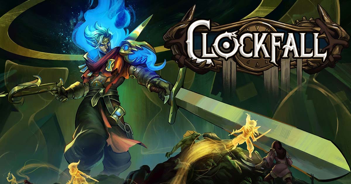 Hero entering a dungeon as a giant clock looms over a destroyed village