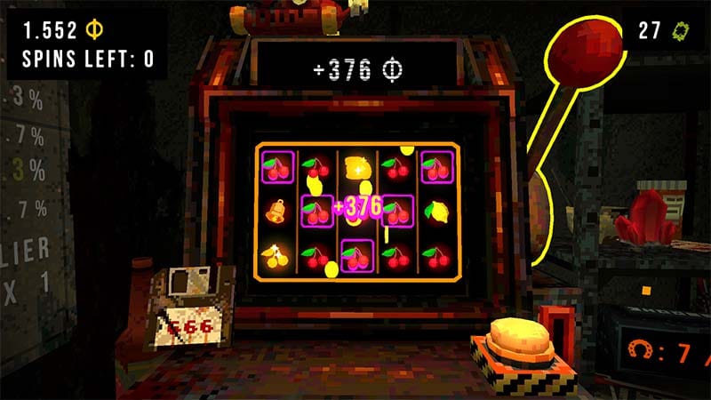 First-person gameplay view interacting with a slot machine inside a confined cell