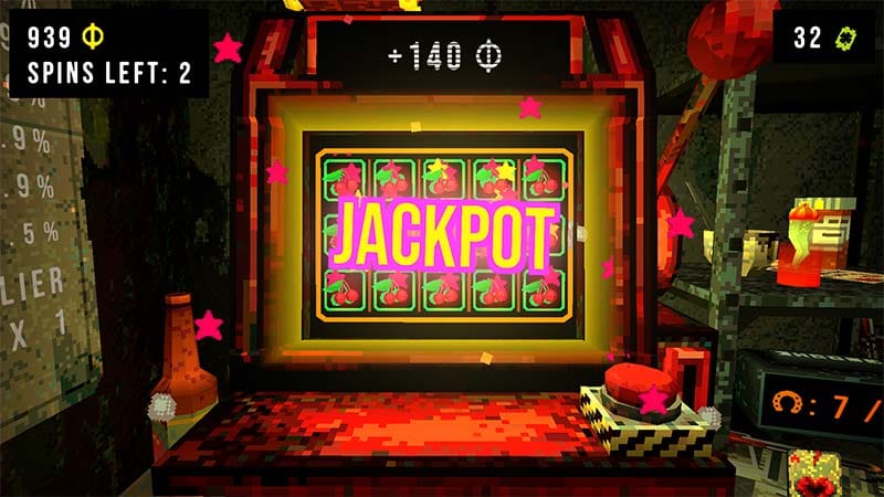 Interior gameplay scene showing the slot machine and ATM terminal inside the cell