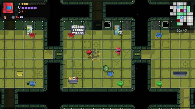 Gameplay scene showing combat against aliens inside a space supermarket