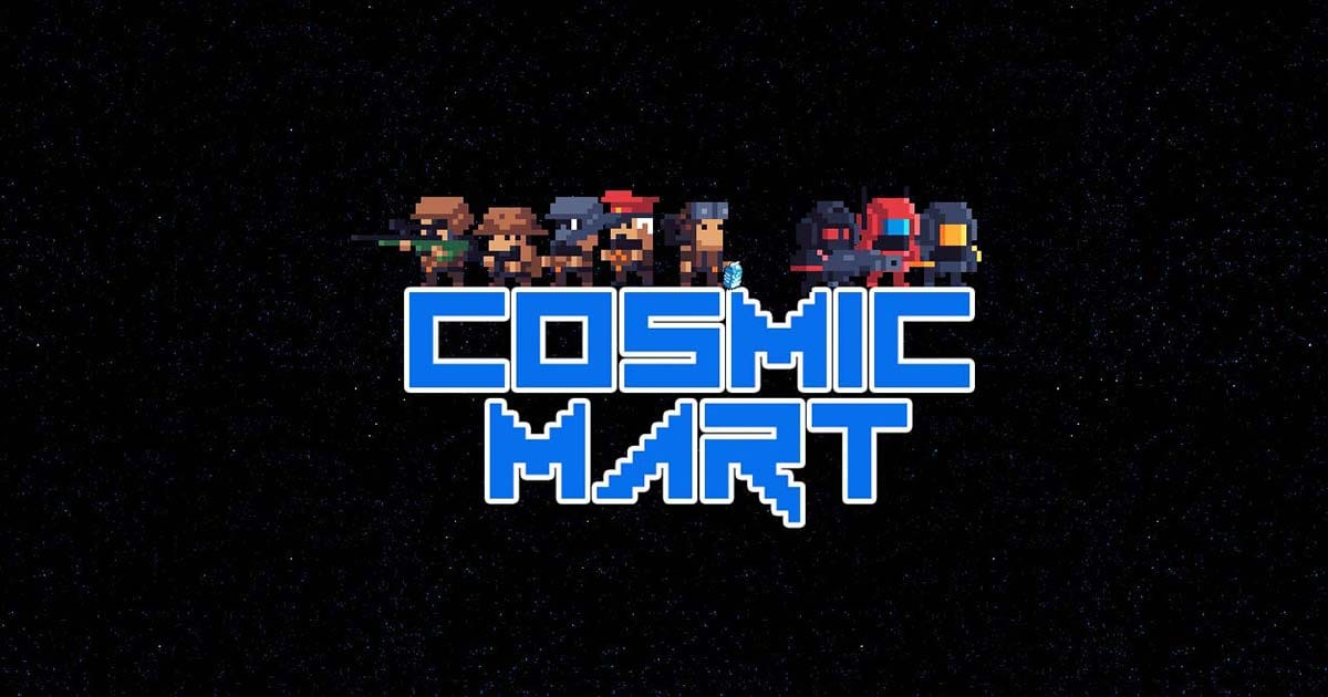 Promotional artwork showing a mercenary battling aliens inside a space supermarket