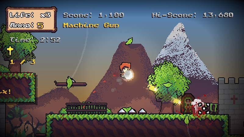 Side-scrolling gameplay scene showing Angela using a bolt-action rifle in linear combat
