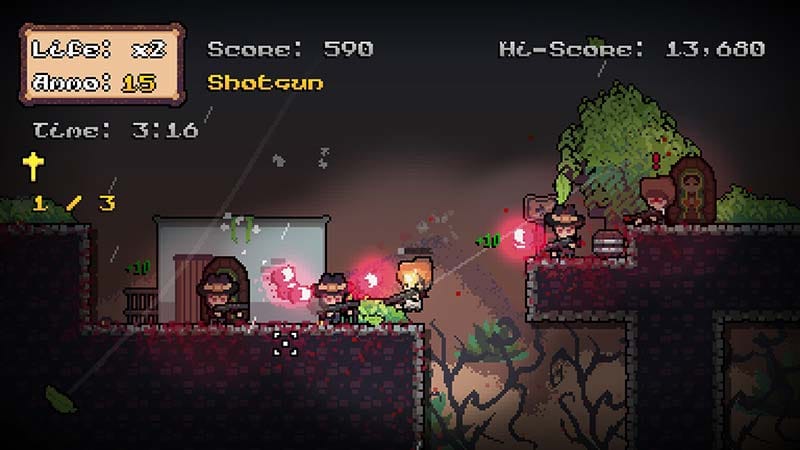 Precision platformer gameplay showing one-hit-kill combat and enemy attack patterns