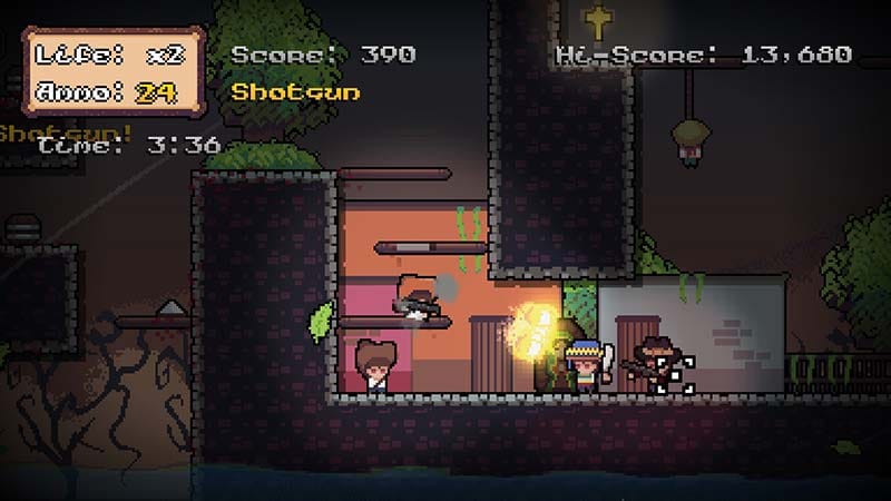 Boss fight scene featuring a multi-phase folkloric creature in a pixel art action platformer
