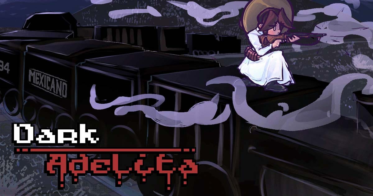 Promotional artwork showing Angela in combat against folkloric demons in a 2D action platformer