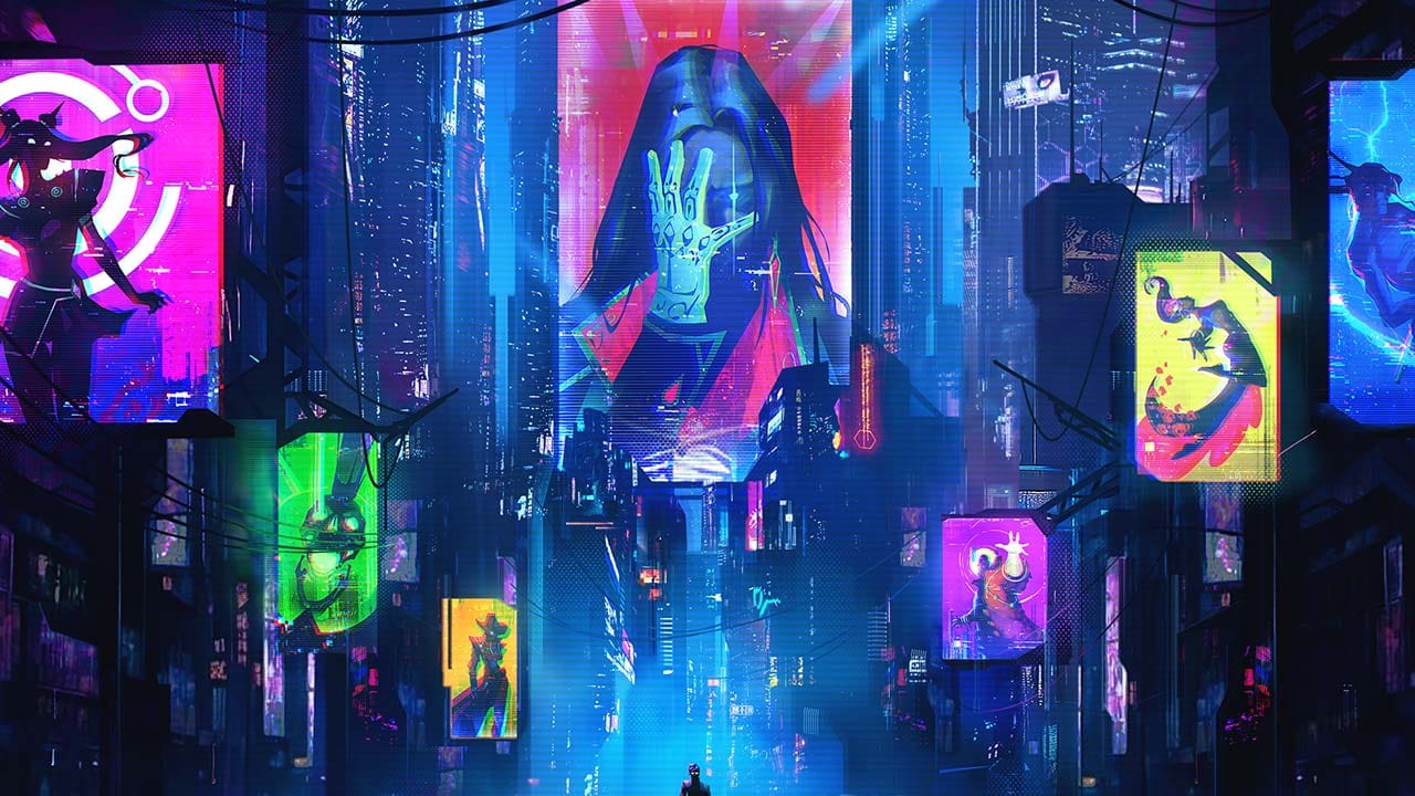 Neon-lit combat scene with Charlie Disco fighting enemies in a stylized urban environment