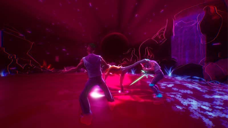Cyberpunk-inspired environment with neon lighting and distant enemy figures