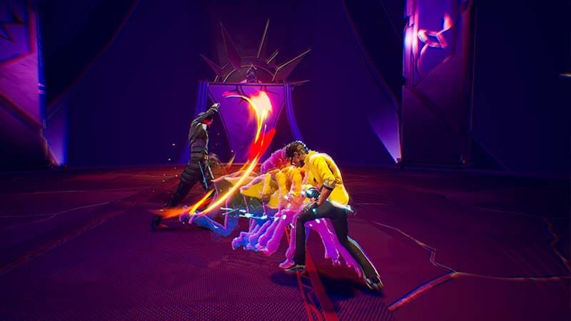 Combat encounter with synchronized attacks and music-driven visual effects