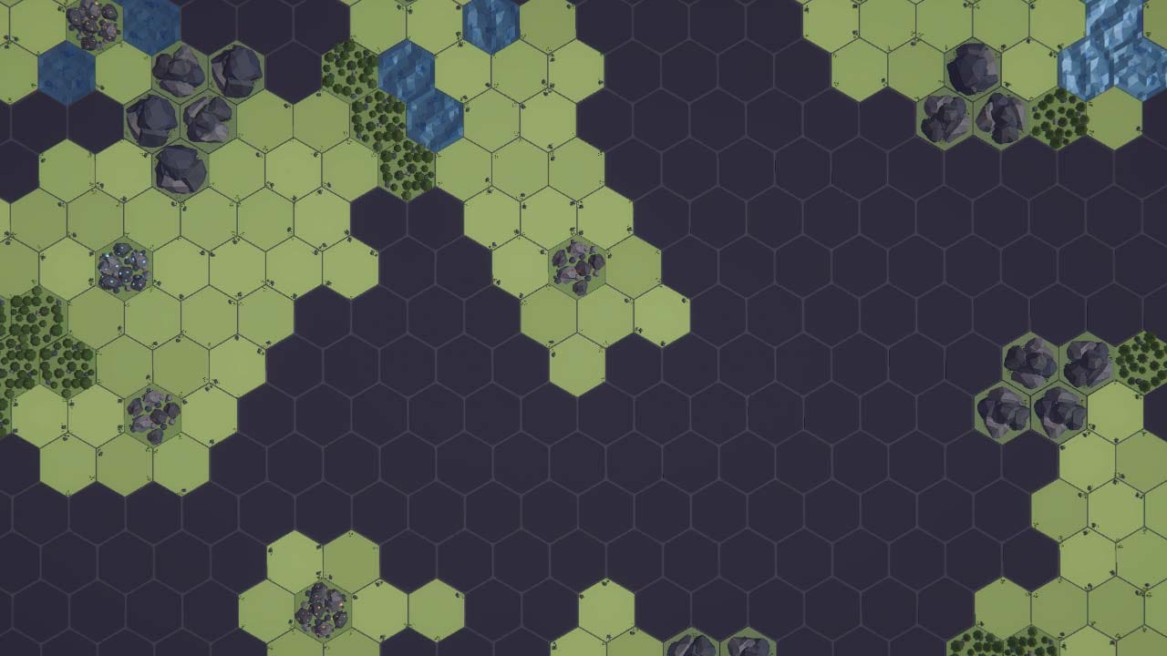 Alien planet surface with hex grid colony structures and atmospheric haze