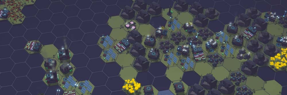Wide view of a hex grid colony spanning multiple industrial districts and production lines