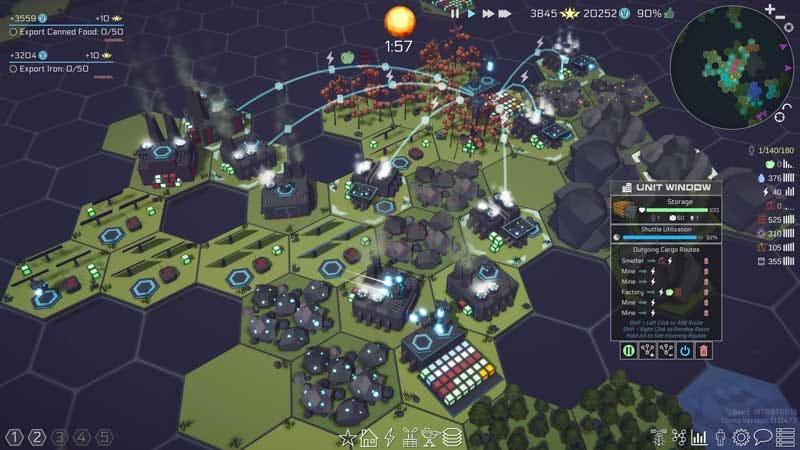 Hex grid base building layout with interconnected resource nodes and production chains