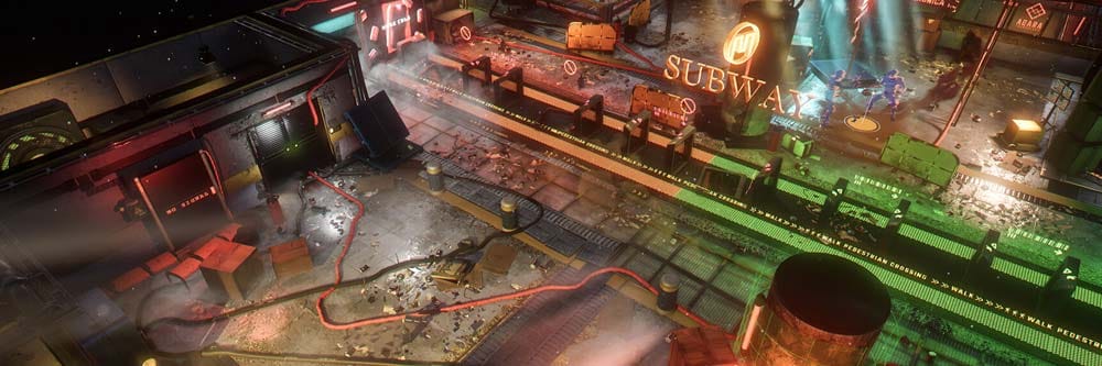 Banner artwork showcasing a neon cyberpunk city and detective theme