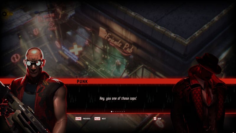 Gameplay scene showing a detective investigating a cyberpunk environment