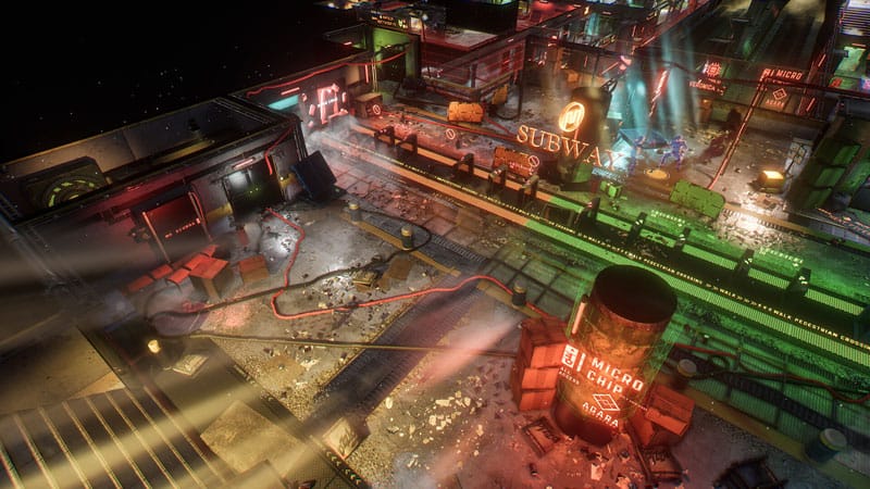 Combat scene showing characters engaged in a futuristic firefight