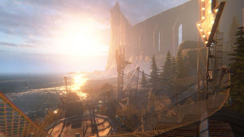 Large abandoned facility area with layered puzzle structures and ruins