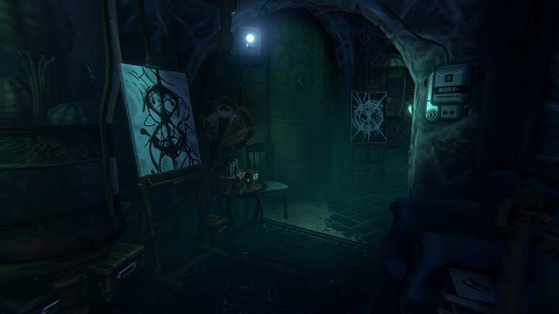 Exploration scene with multiple environmental puzzles visible across abandoned settlement