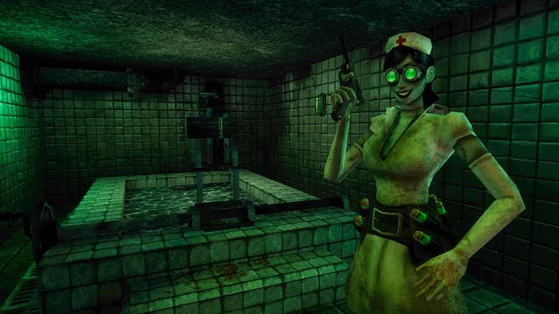 Combat in a narrow asylum corridor against experimental creatures using firearms and crossbow