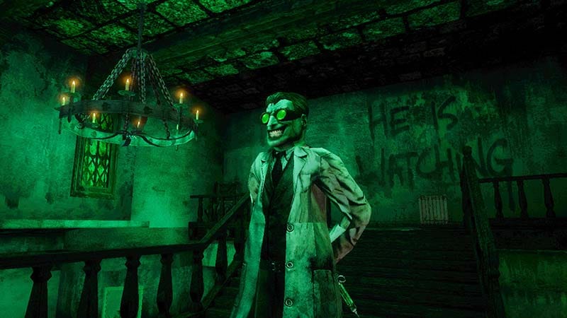 Exploration view of interconnected asylum halls and wards with environmental detail