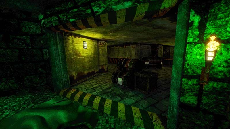 Third-person traversal through asylum laboratory areas and connected corridors