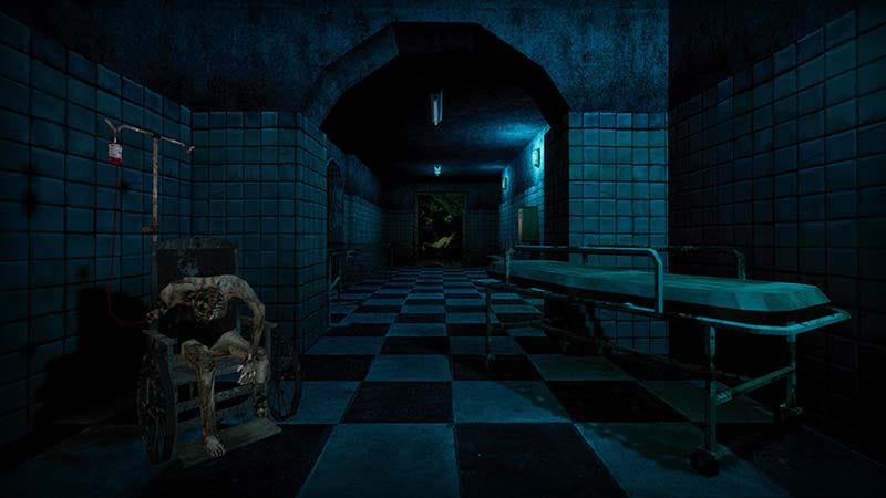Multiple enemy encounter in a confined asylum hallway with overlapping threats