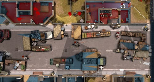 Gameplay scene showing tactical squad planning a building entry