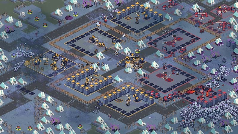 Gameplay scene showing territory expansion and defensive construction