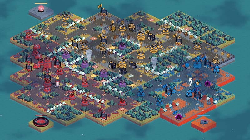Tower Defense gameplay with turrets protecting key regions from enemy attacks