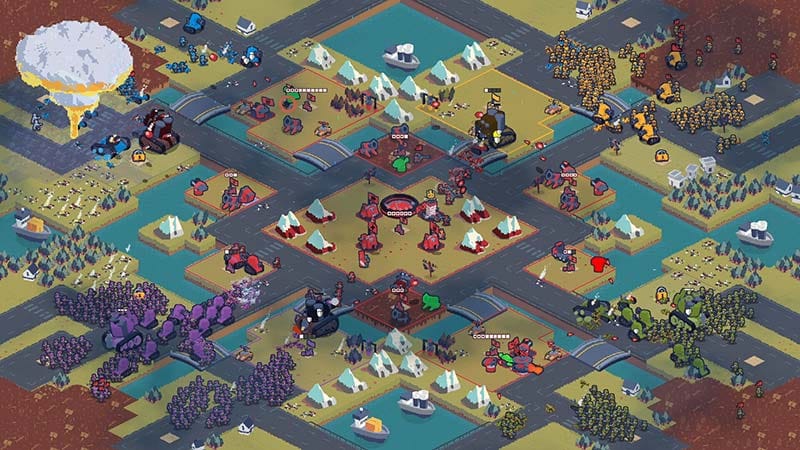 RTS battle featuring autonomous units fighting across a contested map