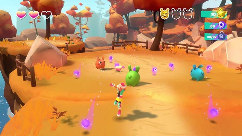 Gameplay scene showing characters running and jumping across floating island platforms