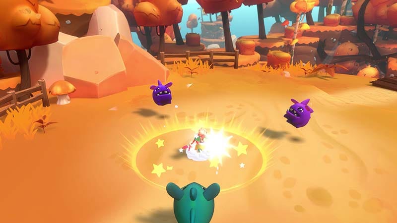 Gameplay moment showing collection of Moki-balls to restore bridges between island areas