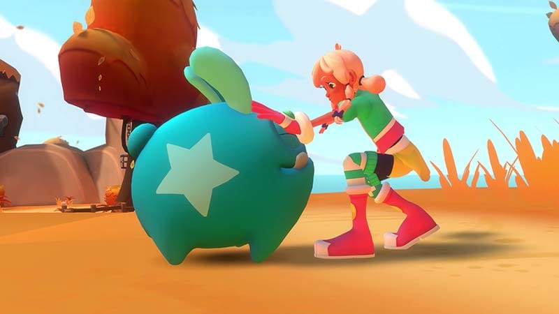 Gameplay scene showing environmental puzzles and traps in a colorful island platforming level