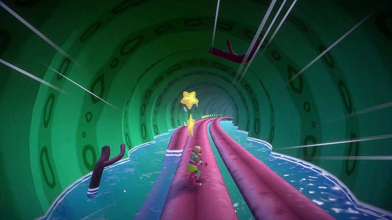 Interior platforming area with ancient ruins and mechanical style environmental obstacles