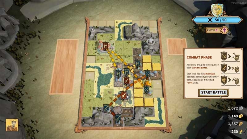 Gameplay view showing structures placed on grid-based map tiles