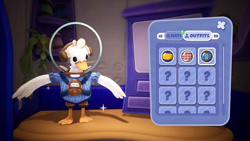 Gameplay scene showing duck astronaut exploration across a colorful alien landscape