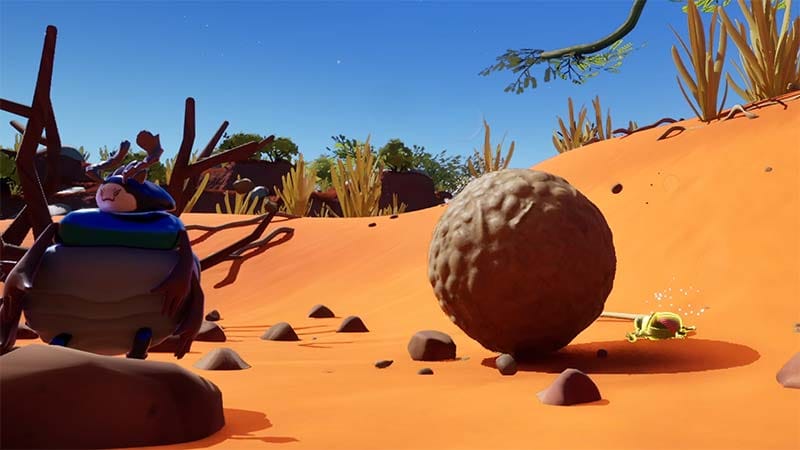 Gameplay scene showing players repairing a damaged dung ball with collected dung