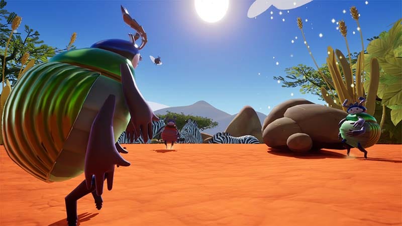 Gameplay scene showing beetles navigating obstacles in the African wilderness