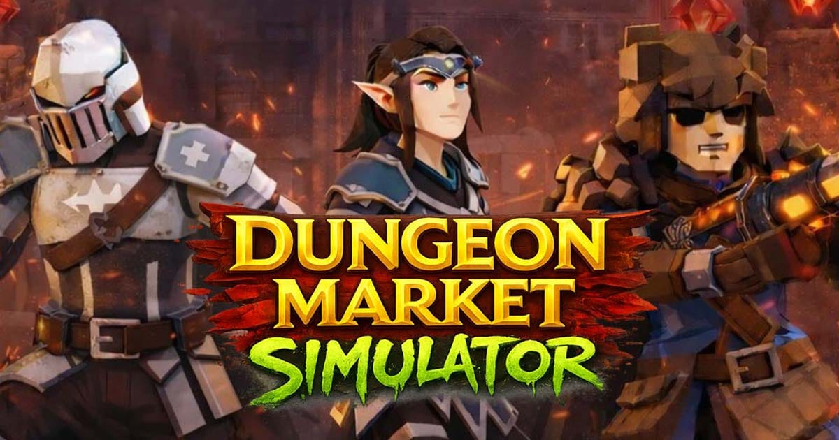 Promotional scene showing a dwarf merchant in a dungeon shop surrounded by treasure and traps